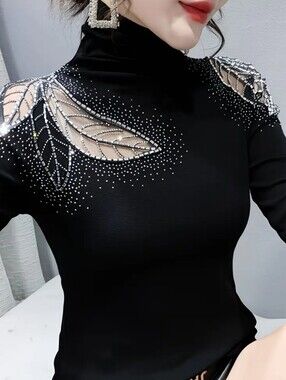 Embellished Black Turtleneck Women's Top